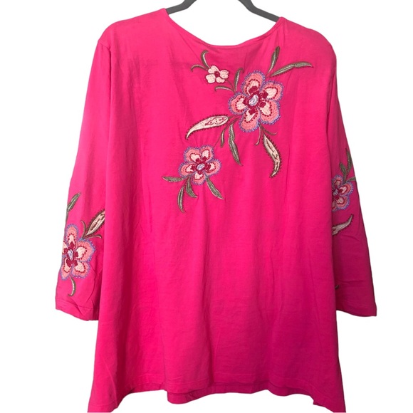 Johnny Was JWLA Libbi 3/4 Sleeve Flamingo Pink Embroidered Cotton Henley Top 1X - Picture 14 of 16
